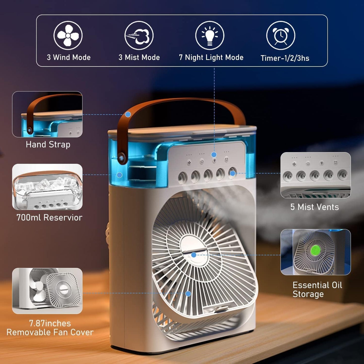Mini USB Air Cooler – Personal Cooling with 7-Color LED & 3-Speed Fan