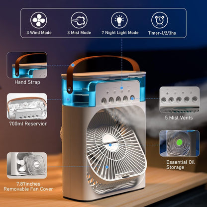 Mini USB Air Cooler – Personal Cooling with 7-Color LED & 3-Speed Fan